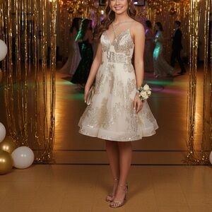 NWOT La Femme gold floral embroidered and embellished fit and flare midi